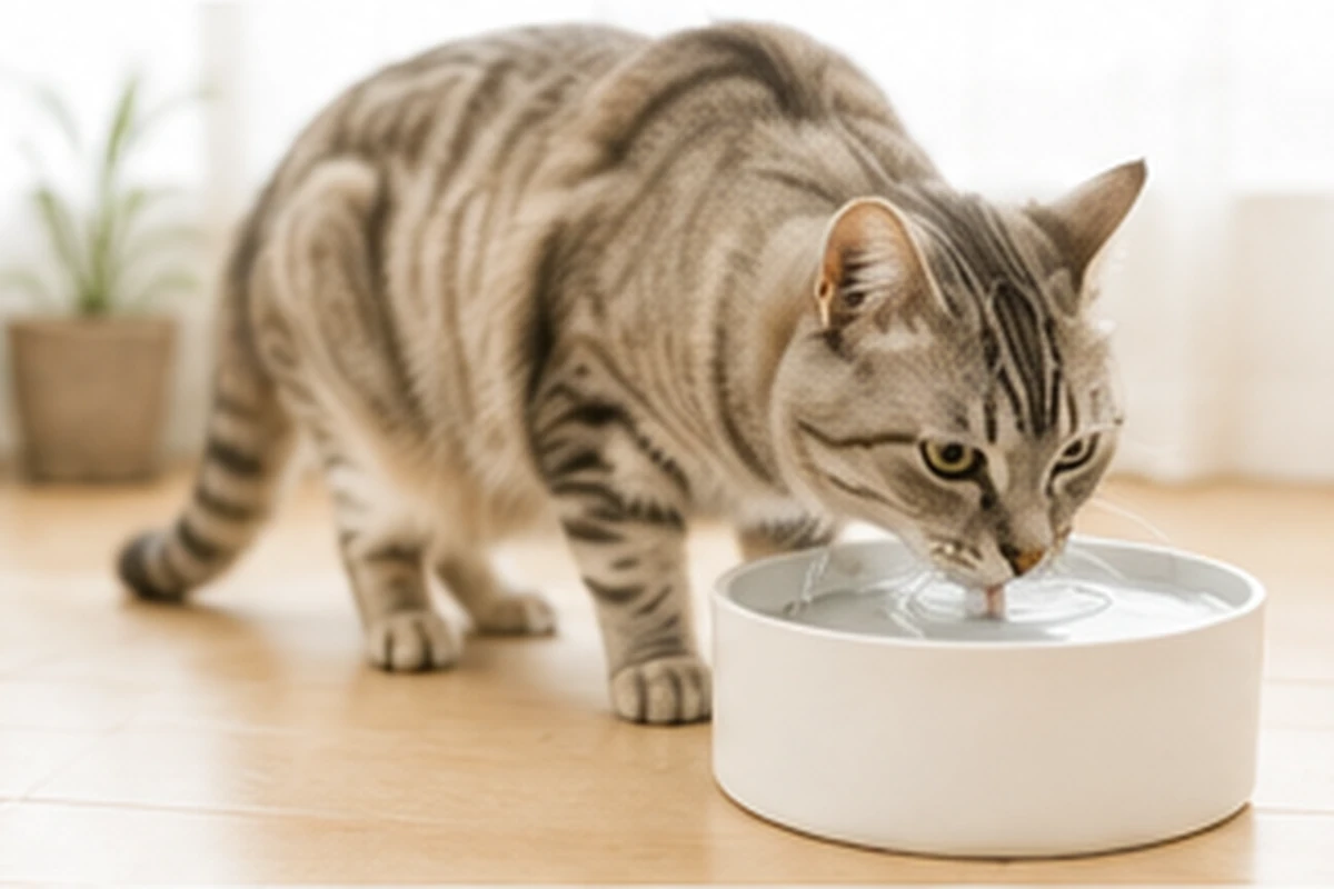 水皿から水を飲む猫