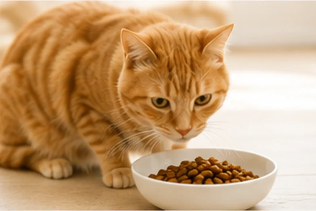 フードボウルの前で食事の様子を見せる猫