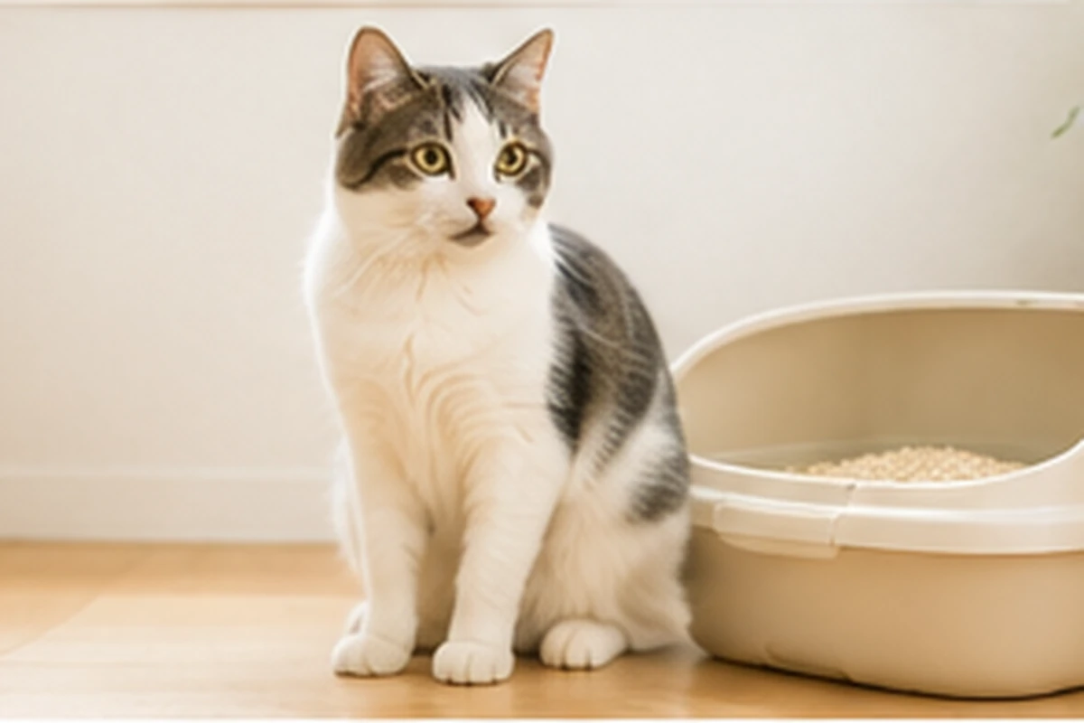 猫用トイレのそばにいる猫