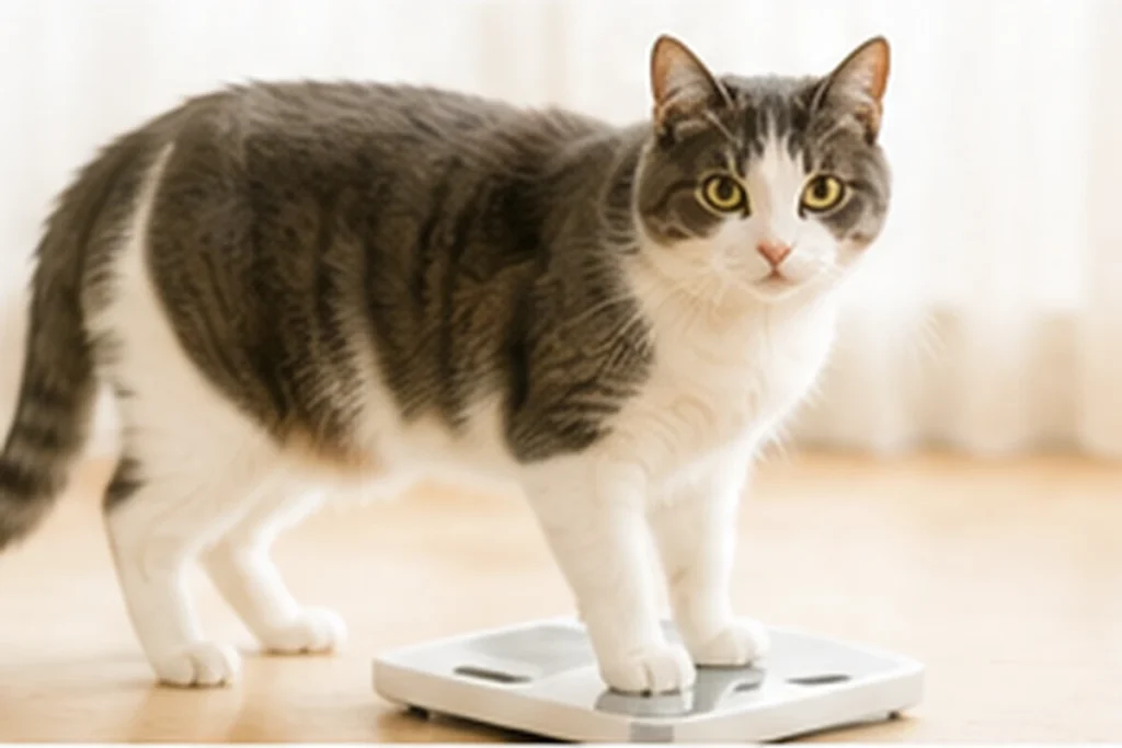 シニア猫の体重と体型を確認する様子