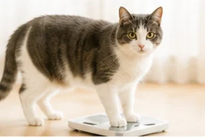 シニア猫の体重と体型を確認する様子