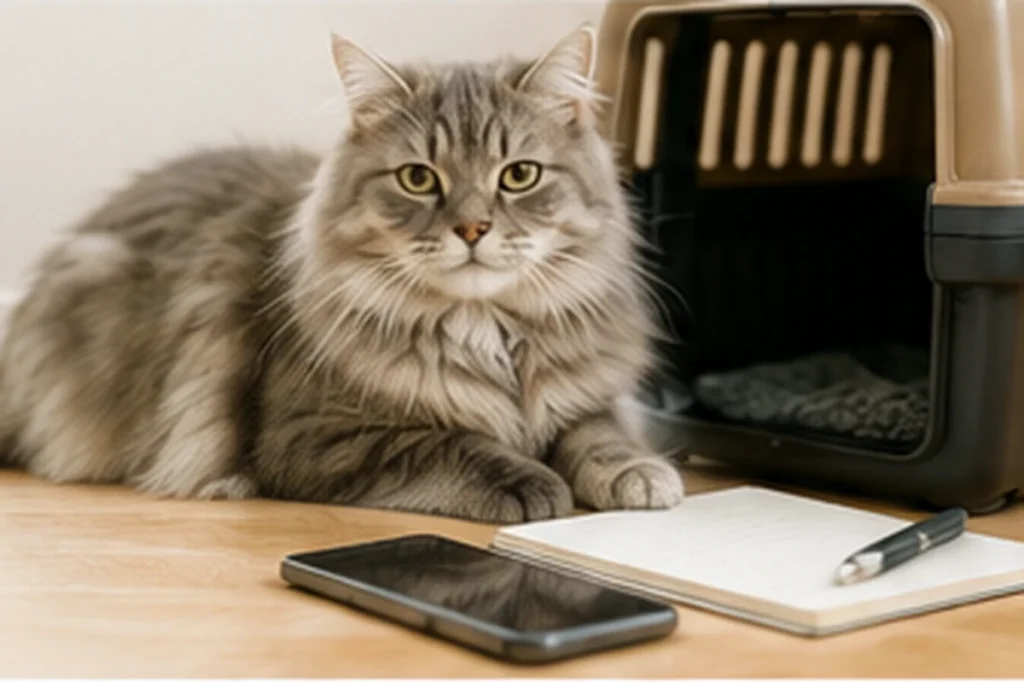 動物病院への受診前に猫の様子を記録する場面